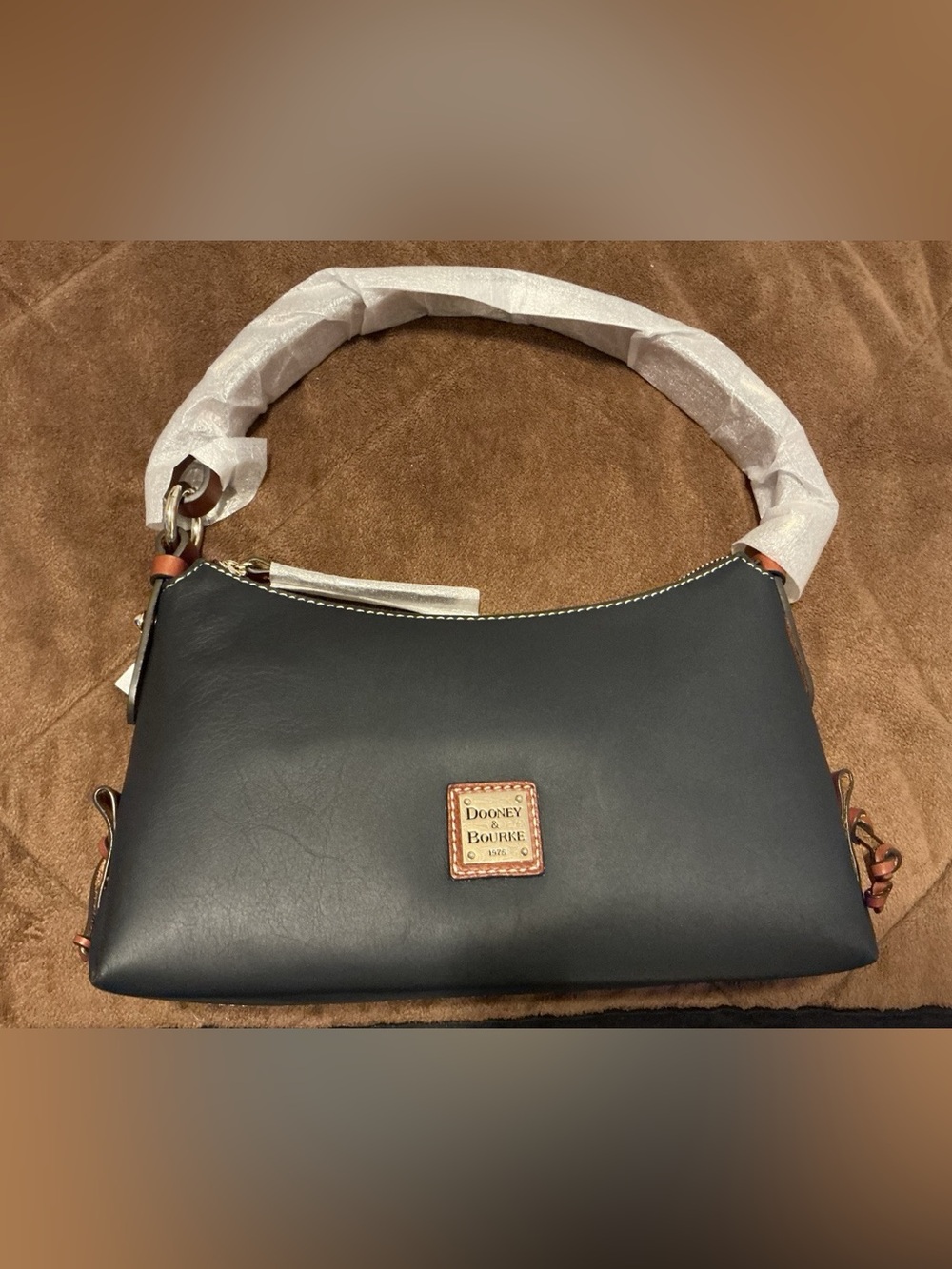 Dooney & Bourke Navy Black Leather Shoulder Bag with Tan Logo Patch